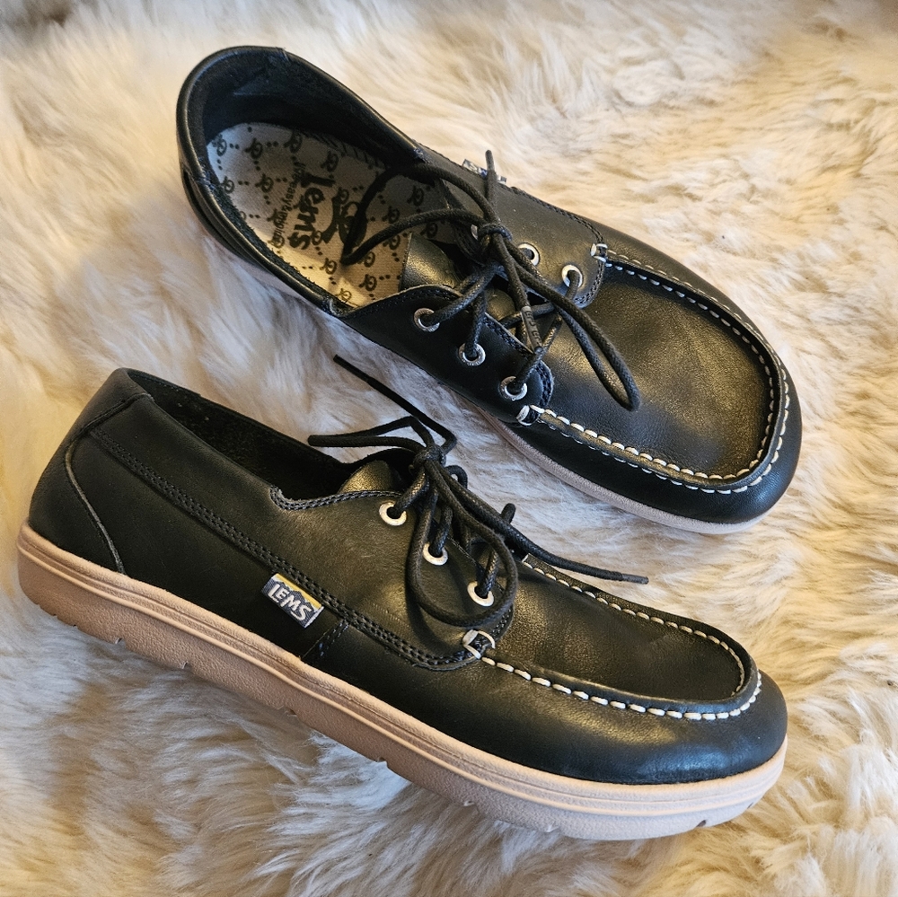 LEMS MARINER Navy Blue Leather Minimalist Zero Drop Boat Shoes sz 10.5